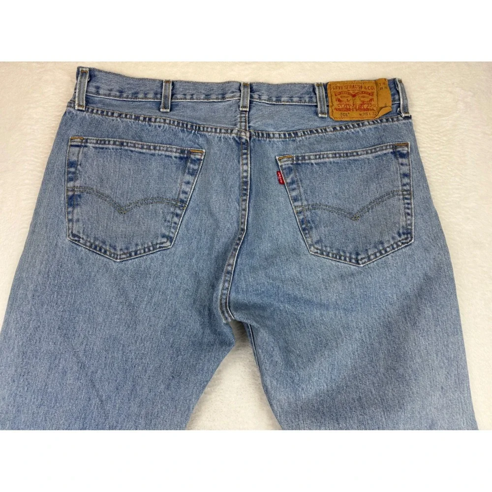 Levis 501 Original Fit Mens 38x32 Jeans Grungy Light Blue Washed Denim